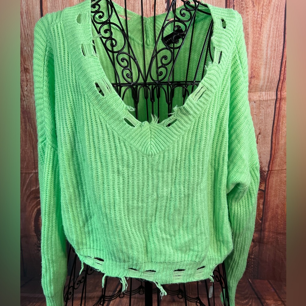 Seduction sweater, ripped lime green. Can wear one off one shoulder. Size M